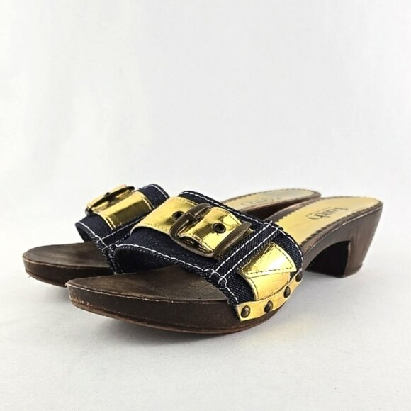 Faith Women's Gold Denim Slip On Upper Buckle Strap Mule Sandal Sole Size 6 - Picture 3 of 16